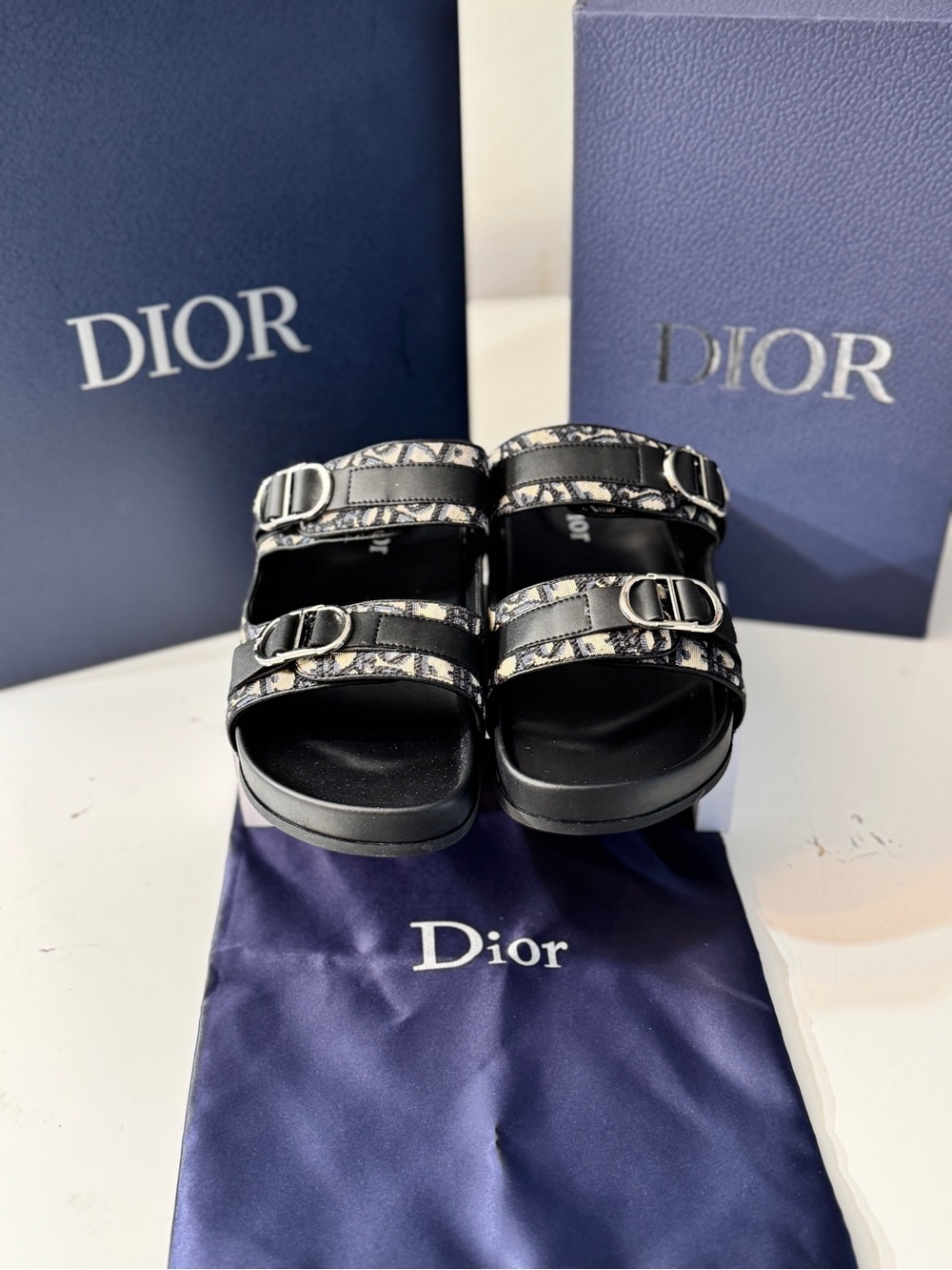 Authentic Dior Oblique Canvas Double-Strap Sandals Come w Original Box & Dustbag